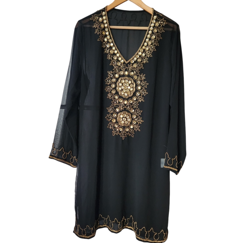 Shubham Cover Up Gold Rhinestone Viscose Tunic Top Black Women's OS Resort Beach